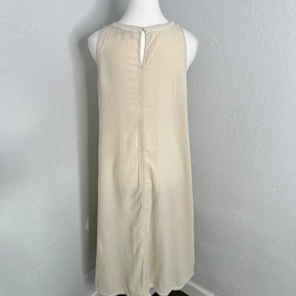 Magashoni Linen blend Sleeveless Tan Beige Midi Dress Embroidered Trim size med - Picture 4 of 9